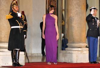 法国总统新妻子首迎外国元首 亮丽动人