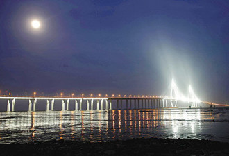杭州湾跨海大桥流光溢彩 如银龙探海