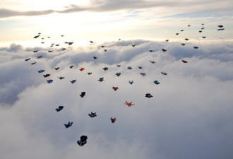 壮观：美71名跳伞者空中组成V字阵型