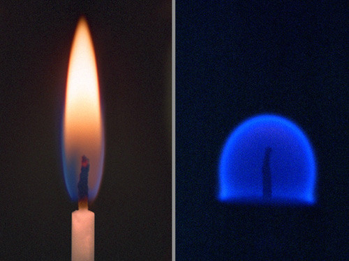 太空中的火焰(右)和地面上的火焰(左)