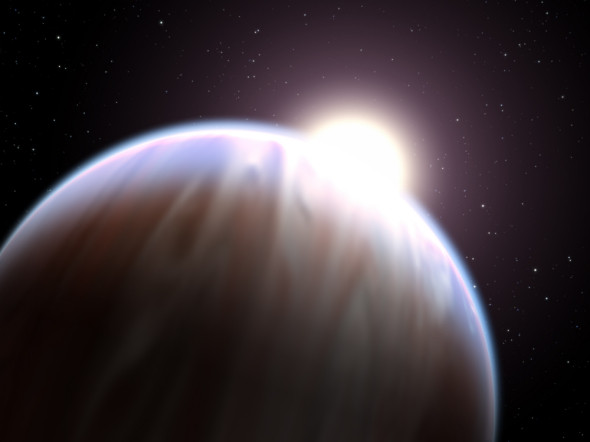 :“哈勃”望远镜在一颗木星大小的系外行星的大气中首次探测到有机分子。此处的艺术想象图展现了这颗行星。