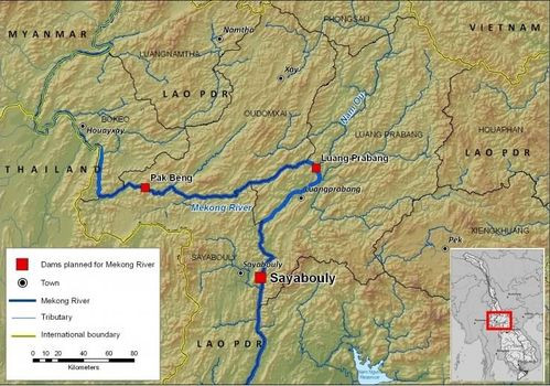 湄公河水力发电大坝计划示意图。