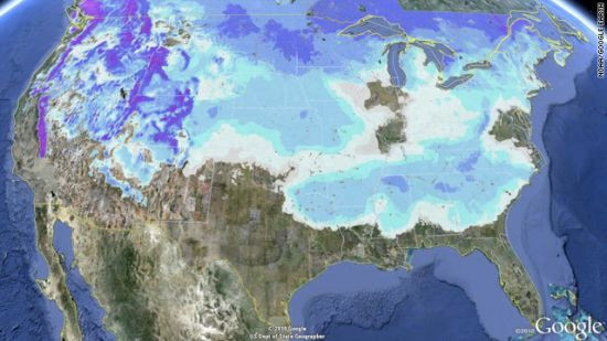 美国降雪量地图。