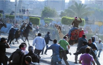 穆巴拉克支持者骑骆驼上街(组图)
