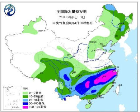 全国降水量预报图(2011年6月4日至7日)