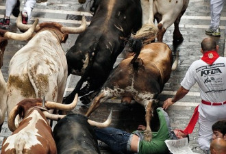 西班牙奔牛节演惊险一幕：狂牛“踏”客
