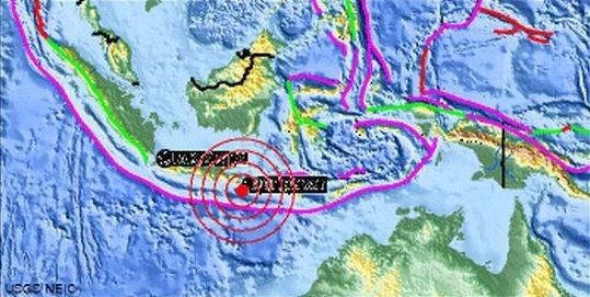 图片显示了巴厘岛地震的震中。（图片来源：美国地质勘探局）