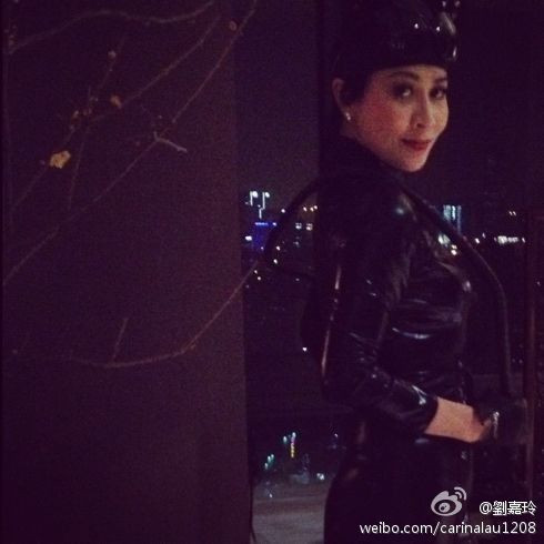 刘嘉玲穿黑色漆皮扮猫女造型出席好友生日晚会(图)