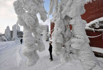 东欧雪深数米 积雪覆盖发电厂成冰雕