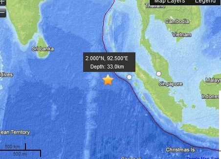 北苏门答腊西海岸发生里氏8.9级地震。