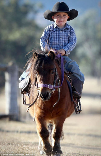 2岁的吉尔骑着小马驹