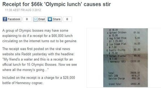 史上最节俭奥运会 官员吃一顿中餐4.5万英镑 收据网上疯传