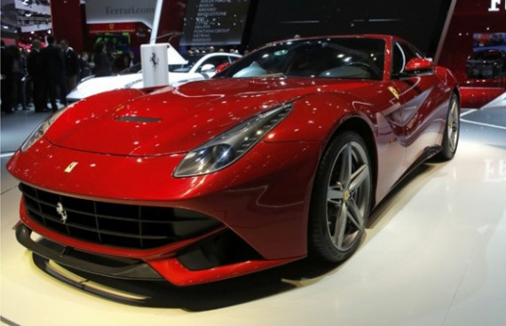 A Ferrari F12 Berlinetta is displayed on media day at the Paris Mondial de l'Automobile