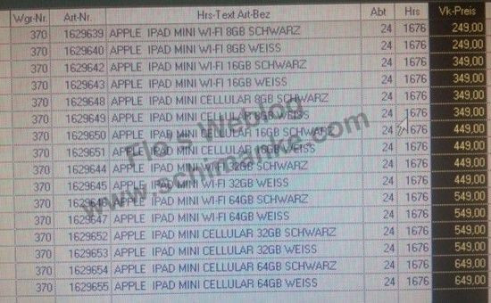iPad Mini报价流出:8款机型 售价249至649欧元(组图)