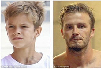 贝克汉姆10岁儿子模仿老爸 脖子纹身