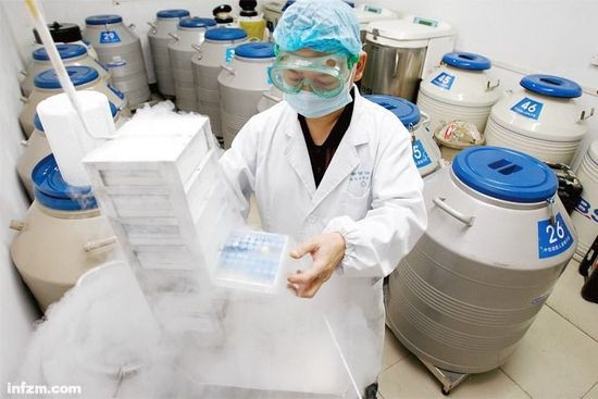 湖南省中信湘雅生殖与遗传专科医院精子库，一名工作人员对液氮桶内低温保存的精子进行检查。 