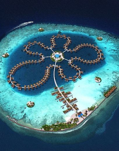 根据设计图，荷兰公司为马尔代夫设计的185所别墅，在水上组合成花朵的图案。