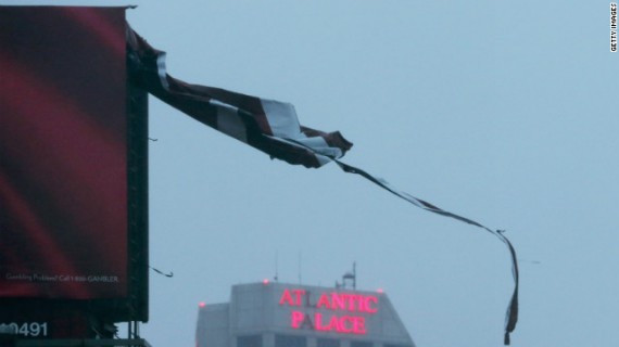 A tattered piece of a billboard blows in the wind Monday in Atlantic City, New Jersey. 