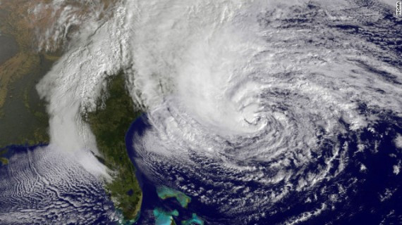 10 a.m. ET on Sunday shows Hurricane Sandy in the Atlantic Ocean grazing the East Coast.