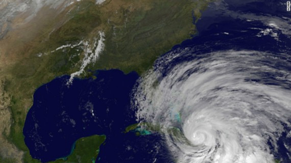 A satellite view shows Hurricane Sandy's position on Wednesday.