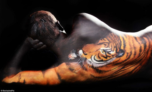 马韦德尔在模特背部描绘老虎的图案。