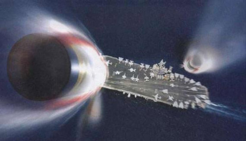 东风21D反舰导弹打击航母想象图。