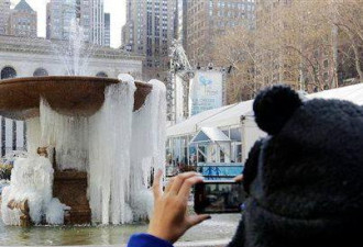 图：纽约遭遇寒流大考验 喷水池结冰