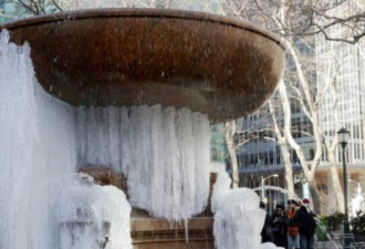 图：纽约遭遇寒流大考验 喷水池结冰