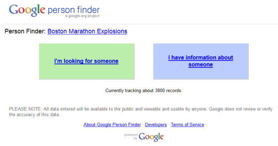 波士顿爆炸案后谷歌推出的寻人服务截图