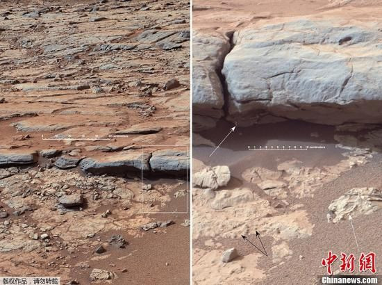 资料图：美国国家航空航天局（NASA）近日公布了&ldquo;好奇&rdquo;号火星车发回的照片。该组照片显示&ldquo;好奇&rdquo;号在火星上进行首次岩石钻探，追踪远古时期液态水流动的痕迹。