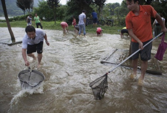 武汉遭五年来最强降雨 市民上街抓鱼