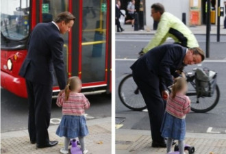 英首相卡梅伦伦敦街头步行送女儿上幼儿园