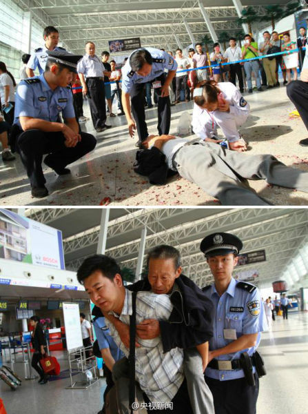 一名70岁左右男子在武汉机场T2航站楼出发厅引燃鞭炮并躺卧在侧