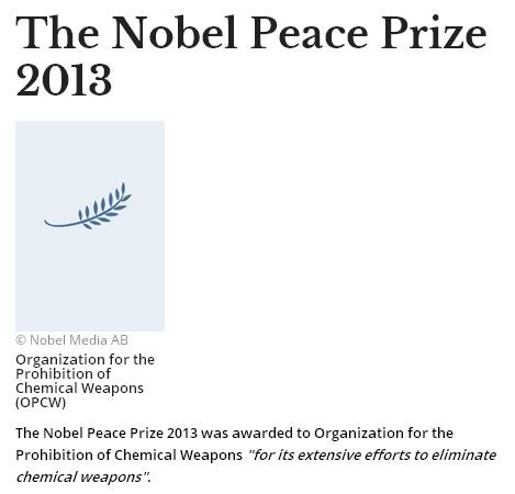禁止化学武器组织获得诺贝尔和平奖。