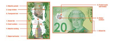 整個安省在近期內都傳出20元的假鈔受害案件。（圖：加拿大銀行提供） 