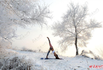 女孩-30℃挑战冰雪瑜伽 融入雾凇美景中