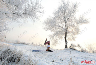 女孩-30℃挑战冰雪瑜伽 融入雾凇美景中