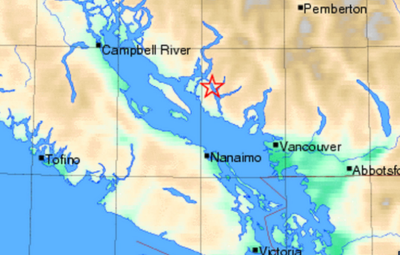 卑省海岸14日晚爆发地震,距离温哥华不足百公里。(取自Earthquakes Canada)