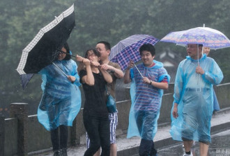 台风来袭西湖游客各种湿身与风&quot;肉搏&quot;