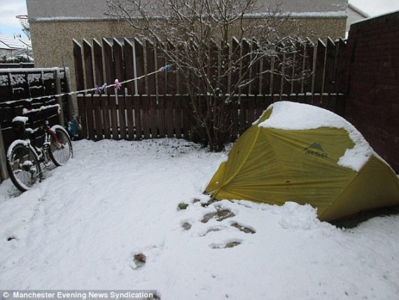 The 24-year-old carried on camping even through thick and thin - even when there was heavy snowfall