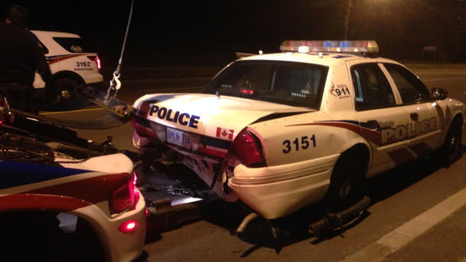 Four police officers and two suspected drunk drivers are in hospital after a crash at Finch Avenue and Sentinel Road on Oct. 27, 2015. CITYNEWS.