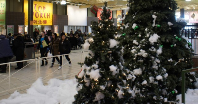 室外无雪，华人商场内的圣诞树装点成银色圣诞。(记者沈丹心／摄影)