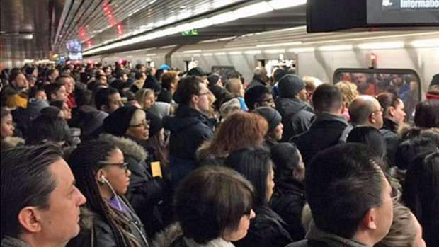 A twitter user captured this shot of a crowded subway platform this morning. Passengers faced delays on Line 1 of up to 30 minutes