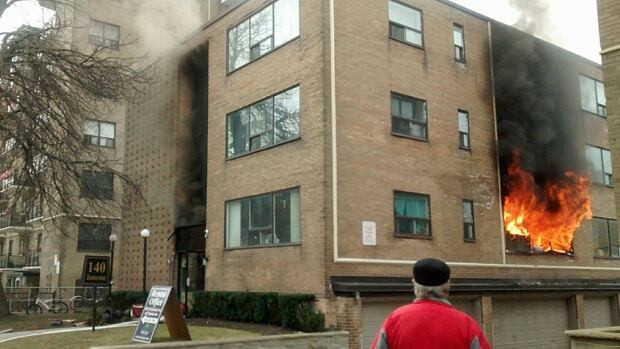 Fire sent flames through the windows of this apartment building located near Springhurst and Jameson Avenues in Parkdale this morning.