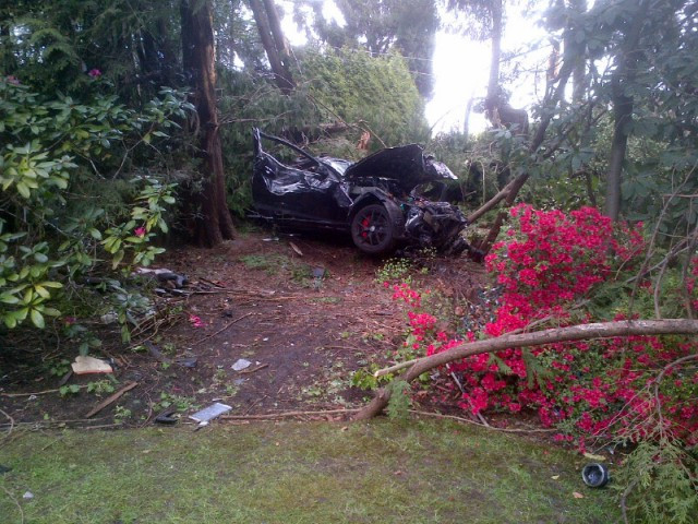 A Mercedes that was involved in a single-vehicle crash on SW Marine Drive in Vancouver on April 12, 2016. The driver is accused of going 250km/h