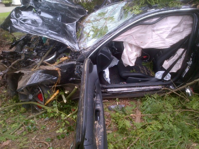 A Mercedes that was involved in a single-vehicle crash on SW Marine Drive in Vancouver on April 12, 2016. The driver is accused of going 250km/h