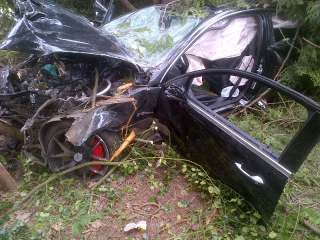 A Mercedes that was involved in a single-vehicle crash on SW Marine Drive in Vancouver on April 12, 2016. The driver is accused of going 250km/h