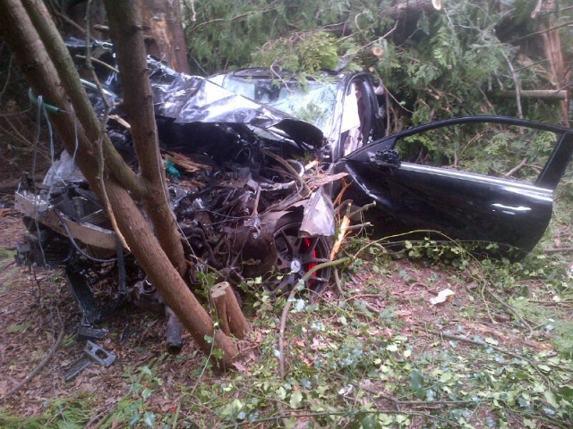 A Mercedes that was involved in a single-vehicle crash on SW Marine Drive in Vancouver on April 12, 2016. The driver is accused of going 250km/h