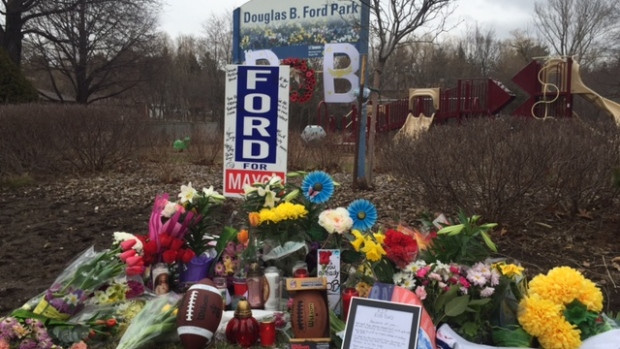 A memorial for Rob Ford at Douglas B. Ford Park in Etobicoke is shown. (Rena Heer/CP24)