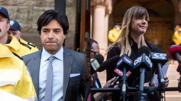 Former CBC Radio host Jian Ghomeshi, left, and Kathryn Borel, right, are each shown outside a Toronto courthouse on Wednesday.